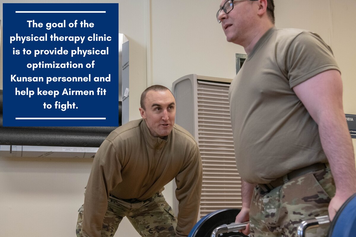 Dr. (Capt.) Chris Drager (left), 8th Healthcare Operations Squadron physical therapist, guides a patient lifting weights at Kunsan Air Base, Republic of Korea, Jan. 25, 2023. Examples of the services provided by the physical therapy clinic include posture and gait analysis, strengthening, stretching, joint manipulation, pre- and post-surgical orthopedic rehabilitation, and health and fitness information. (U.S. Air Force photo illustration by 1st Lt. Cameron Silver)