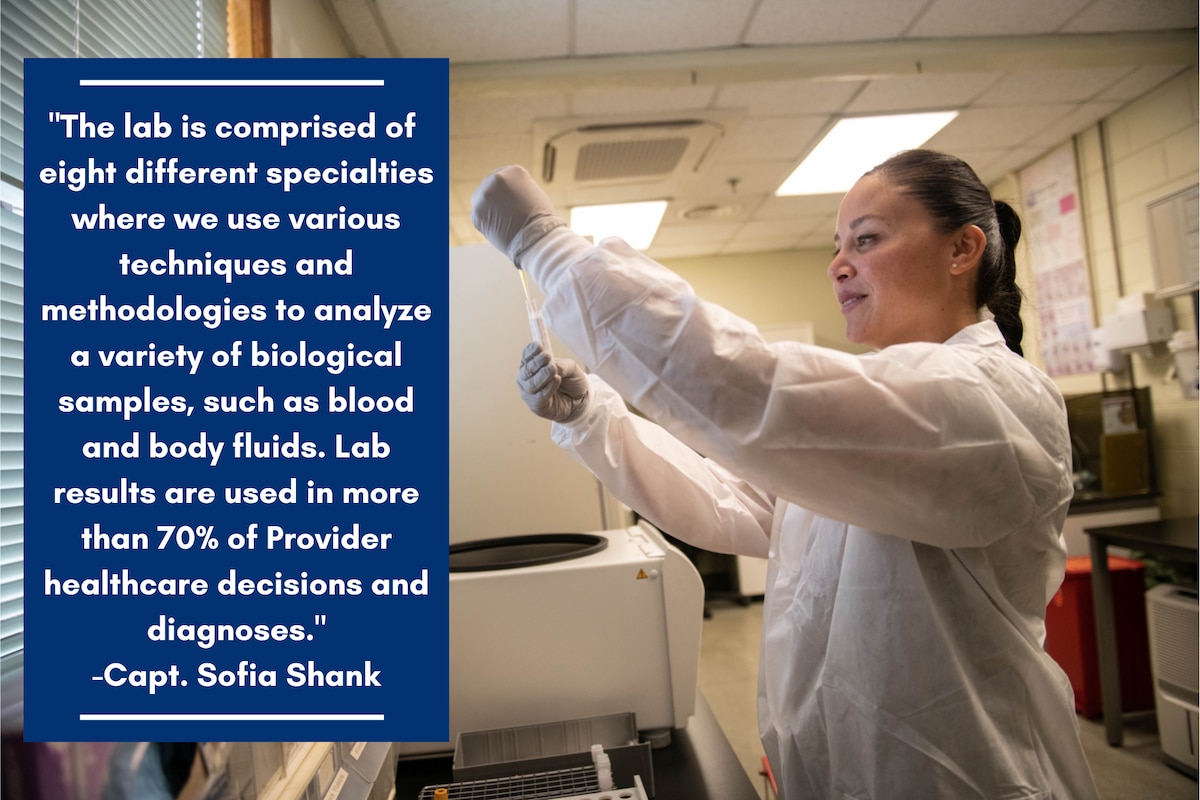 Capt. Sofia Shank, 8th Healthcare Operations Squadron lab and ambulance services flight commander, handles blood samples at Kunsan Air Base, Republic of Korea, Jan. 25, 2023. The lab at the 8th MDG is uniquely trained in lifesaving emergency blood procedures and detection of bioterrorism agents in support of wartime operations. (U.S. Air Force photo illustration by 1st Lt. Cameron Silver)