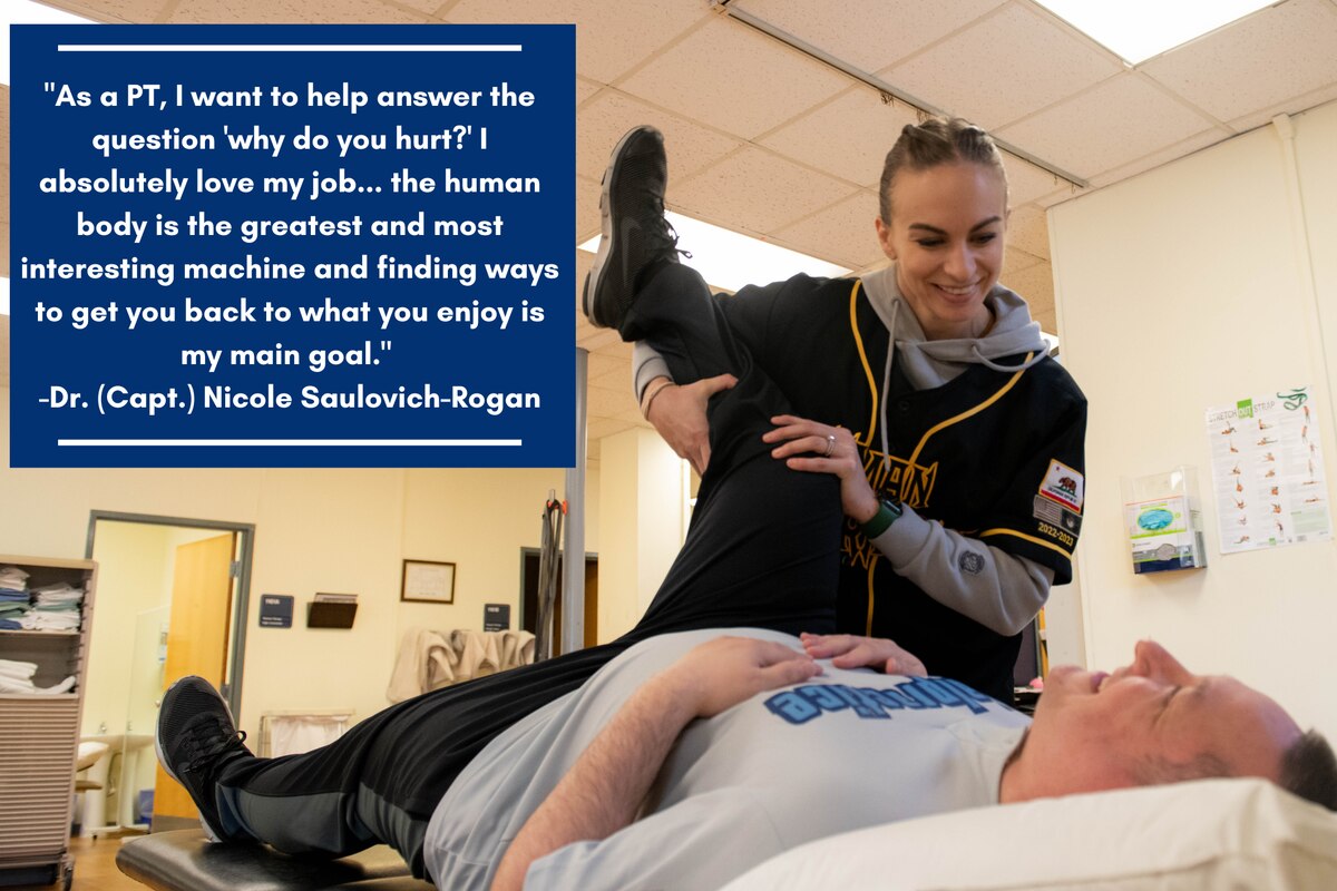 Dr. (Capt.) Nicole Saulovich-Rogan (top), 8th Healthcare Operations Squadron physical therapist, provides care to a patient at Kunsan Air Base, Republic of Korea, Jan. 24, 2023. The Kunsan physical therapy office treats musculoskeletal conditions to include sports injuries, chronic issues and postoperative rehabilitation. (U.S. Air Force photo illustration by 1st Lt. Cameron Silver)