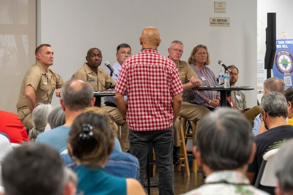 During a town hall event hosted by the Environmental Protection Agency (EPA), a community member posed questions to panelists at the Oahu Veterans Council and Center in Honolulu, Hawaii Jan. 18, 2023.