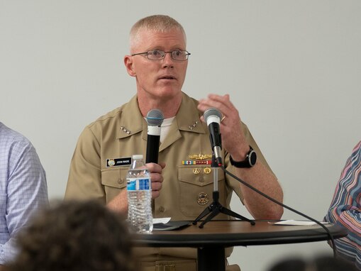 During a town hall event hosted by the Environmental Protection Agency (EPA), U.S. Navy Vice Adm. John Wade, commander, Joint Task Force-Red Hill, answers a question at the Oahu Veterans Council and Center in Honolulu, Hawaii Jan. 18, 2023.