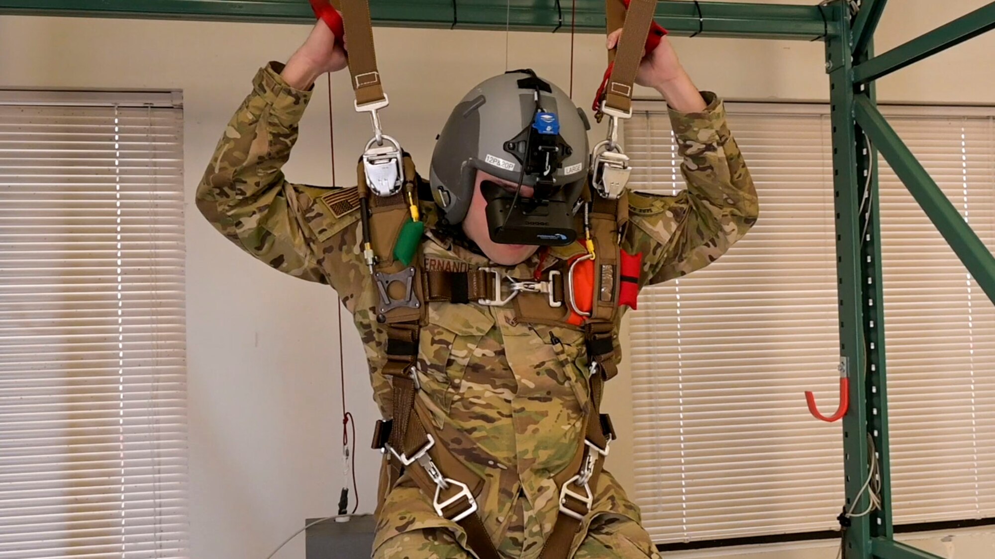 SSgt. Marco Hernandez trains on Parasim, the newly upgraded free fall simulator by the 412th Operations Support Squadron. This system puts our test parachutists in the most realistic scenario possible to train for a real skydive jump.