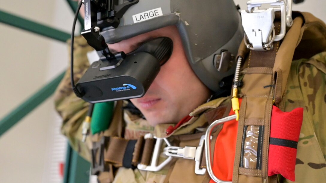 SSgt. Marco Hernandez trains on Parasim, the newly upgraded free fall simulator by the 412th Operations Support Squadron. This system puts our test parachutists in the most realistic scenario possible to train for a real skydive jump.