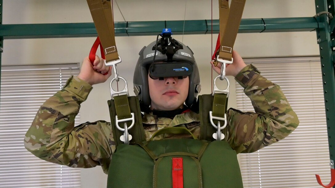 SrA. Nicholas Yarborough trains on Parasim, the newly upgraded free fall simulator by the 412th Operations Support Squadron. This system puts our test parachutists in the most realistic scenario possible to train for a real skydive jump.