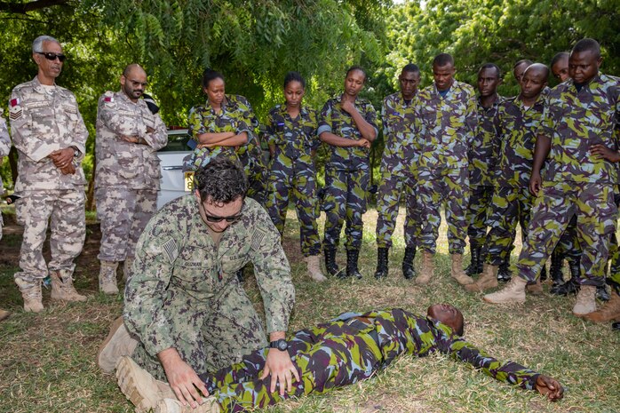 MOMBASA, Kenya (Jan. 24, 2023) Hospital Corpsman 2nd Class Fernando Guzman leads combat casualty training during Central Partnership Station (CPS) in Mombasa, Kenya, Jan. 24. CPS is designed to strengthen regional relationships and collaboration between the U.S. Navy and Kenya Navy through professional exchanges and community engagement events.