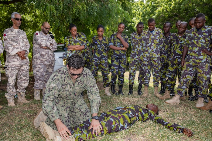 MOMBASA, Kenya (Jan. 24, 2023) Hospital Corpsman 2nd Class Fernando Guzman leads combat casualty training during Central Partnership Station (CPS) in Mombasa, Kenya, Jan. 24. CPS is designed to strengthen regional relationships and collaboration between the U.S. Navy and Kenya Navy through professional exchanges and community engagement events.