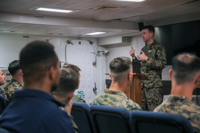 U.S. Navy Lt. Cmdr. Austin Grimes, a chaplain with 13th Marine Expeditionary Unit, leads a chapel service aboard the amphibious assault ship USS Makin Island (LHD 8), Jan. 22. The 13th MEU is embarked on the Makin Island Amphibious Ready Group, comprised of the Makin Island and amphibious transport dock ships USS John P. Murtha (LPD 26) and USS Anchorage (LPD 23), and operating in the U.S. 7th Fleet area of operations. 7th Fleet is the U.S. Navy's largest forward-deployed numbered fleet, and routinely interacts and operates with Allies and partners in preserving a free and open Indo-Pacific region.