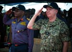 230127-N-DK722-1002 (Jan. 27, 2023) LAGOS, Nigeria – U.S. Navy Vice Adm. Thomas Ishee, right, commander of U.S. Sixth Fleet, and Nigerian Navy Vice Adm. Awwal Gambo, Chief of Staff, salute the Nigerian National Anthem during the Obangame Express 2023 opening ceremony, aboard the Nigerian Navy landing ship tank NNS Kada (LST 1314) in Lagos, Nigeria, Jan. 27, 2023. Obangame Express 2023, conducted by U.S. Naval Forces Africa, is a maritime exercise designed to improve cooperation, and increase maritime safety and security among participating nations in the Gulf of Guinea and Southern Atlantic Ocean. U.S. Sixth Fleet, headquartered in Naples, Italy, conducts the full spectrum of joint and naval operations, often in concert with allied and interagency partners, in order to advance U.S. national interests and security and stability in Europe and Africa. (U.S. Navy photo by Mass Communication Specialist 1st class Cameron C. Edy)