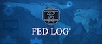 Text for FED LOG® accompanied by an icon with a monitor with crossed hammer and wrench on the screen, on an abstract blue map background
