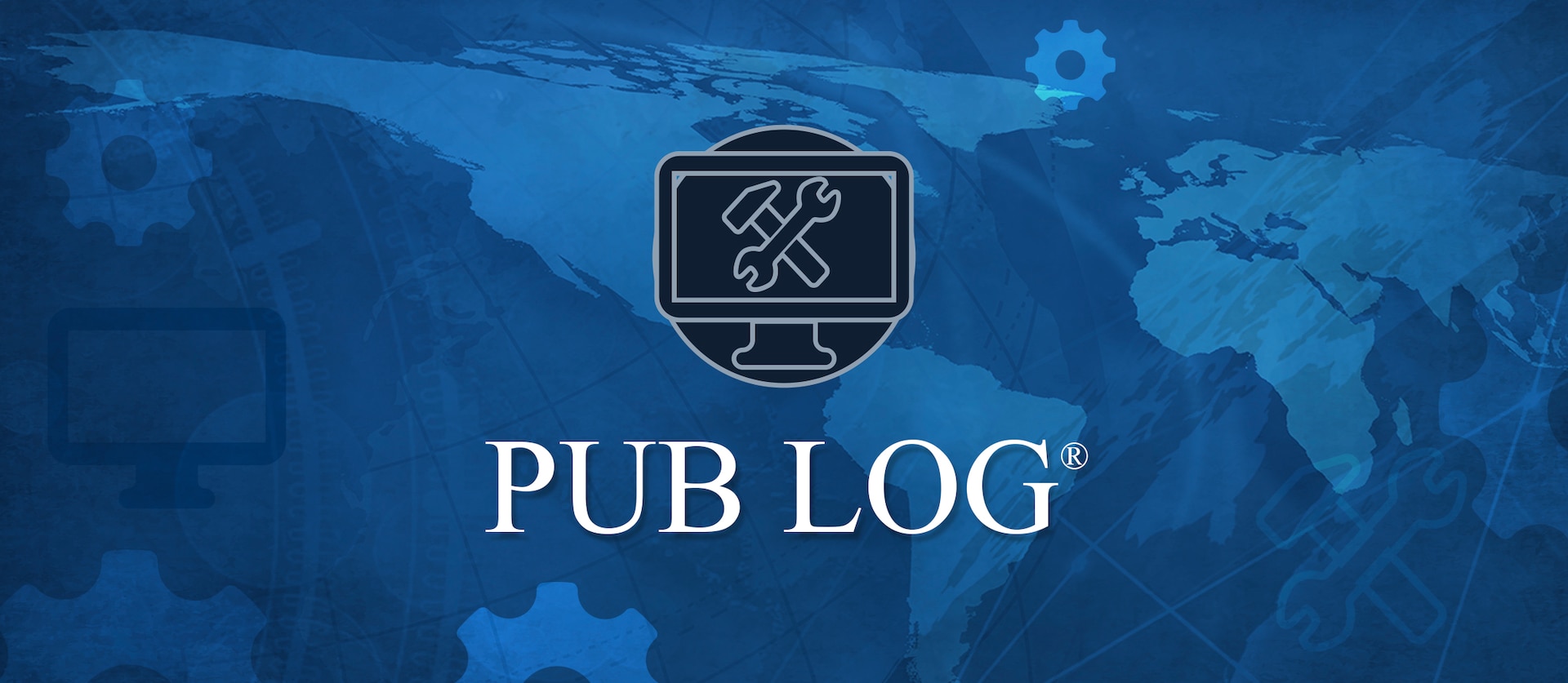 Text for PUB LOG® accompanied by an icon with a monitor with crossed hammer and wrench on the screen, on an abstract blue map background