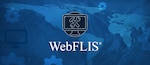 Text for WebFLIS® accompanied by an icon with a monitor with crossed hammer and wrench on the screen, on an abstract blue map background