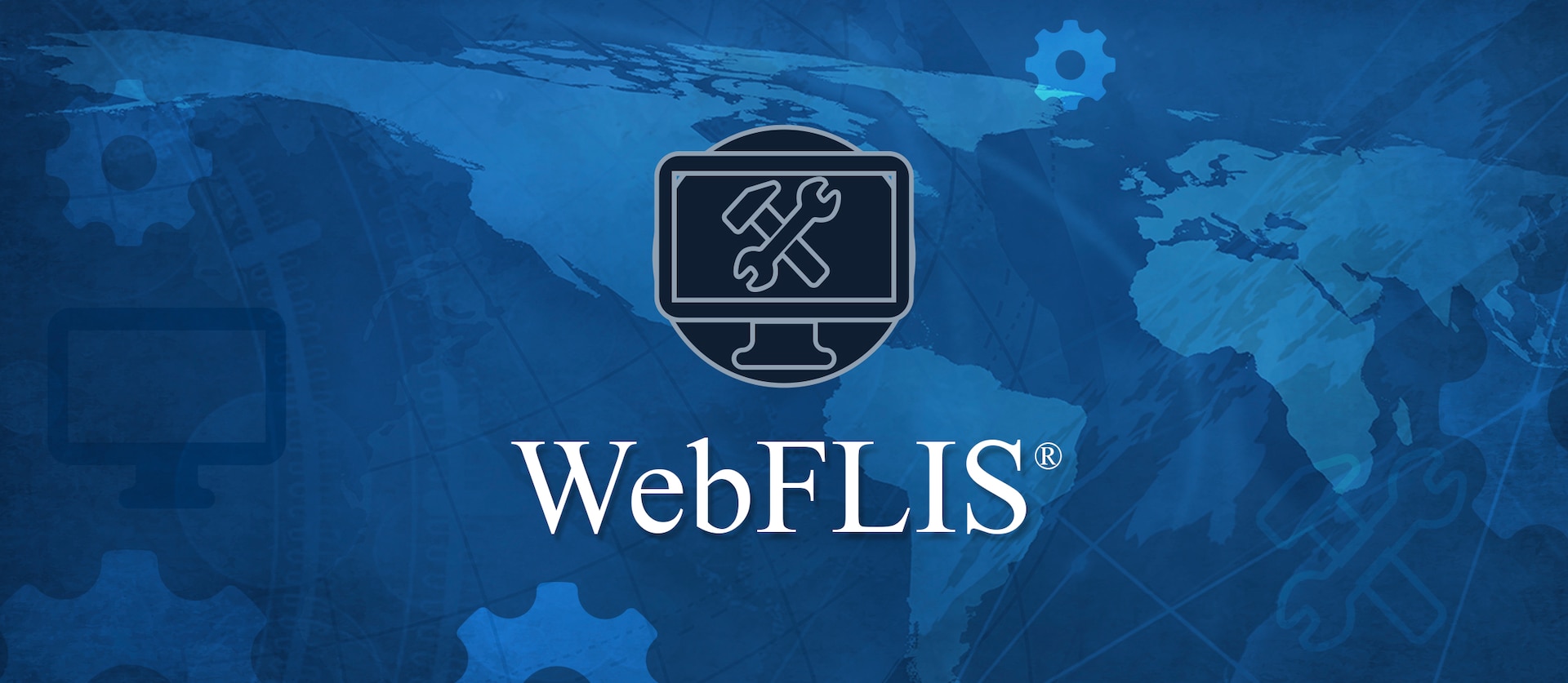 Text for WebFLIS® accompanied by an icon with a monitor with crossed hammer and wrench on the screen, on an abstract blue map background