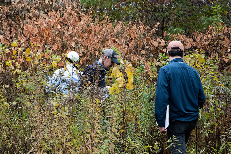 U.S. Army Corps of Engineers (USACE) regulators from districts across the United States, part of the National Technical Committee for Ordinary High Watermarks (OHWM), walk in a brushy shoreline along a Vermont river to field test an interim OHWM identification data sheet.