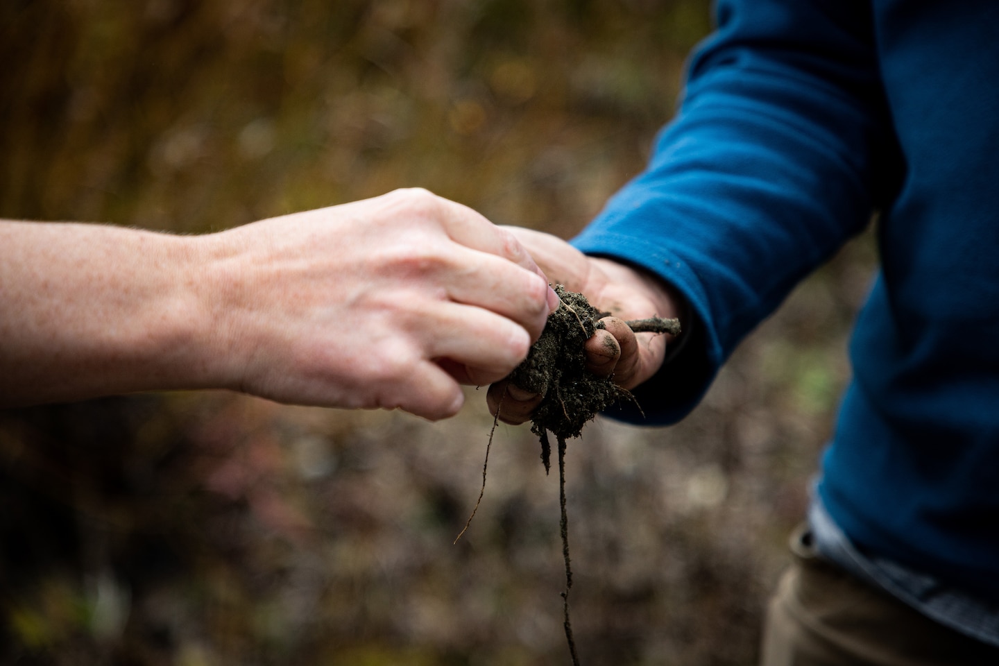 Two members of the National Technical Committee for Ordinary High Watermarks (OHWM) examine sediment from along a river in Vermont to field test an interim OHWM identification data sheet, sediment can be used as one part of proper identification OHWMs.