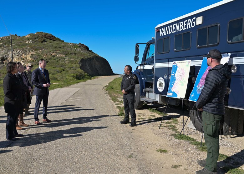 30th Civil Engineer Squadron leadership gives an environmental presentation to Richard Kidd, Deputy Assistant Secretary of Defense for Environment & Energy Resilience, and Nancy J. Balkus, Deputy Assistant Secretary of the Air Force for Environment, Safety and Infrastructure at Vandenberg Space Force Base, Calif., on Jan. 23, 2023. While visiting Vandenberg, Kidd and Balkis learned about the SLD 30 mission in action, observe the efforts by the 30th Civil Engineer Squadron regarding the protection of Vandenberg's natural and cultural resources along with the 30 CES' plans for improving infrastructure resilience.  (U.S. Space Force Photo by Senior Airman Rocio Romo)
