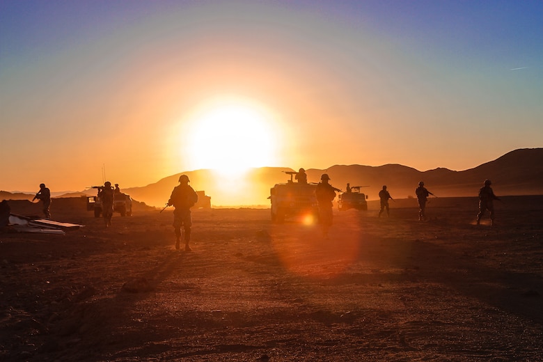 Soldiers conduct a dismounted patrol at the National Training Center, Fort Irwin. Calif.