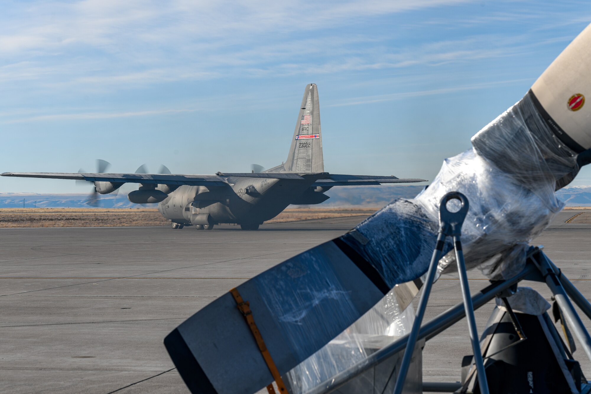 A 910th Airlift Wing C-130H Hercules aircraft taxis for takeoff, Jan. 18, 2023, at Mountain Home Air Force Base, Idaho.