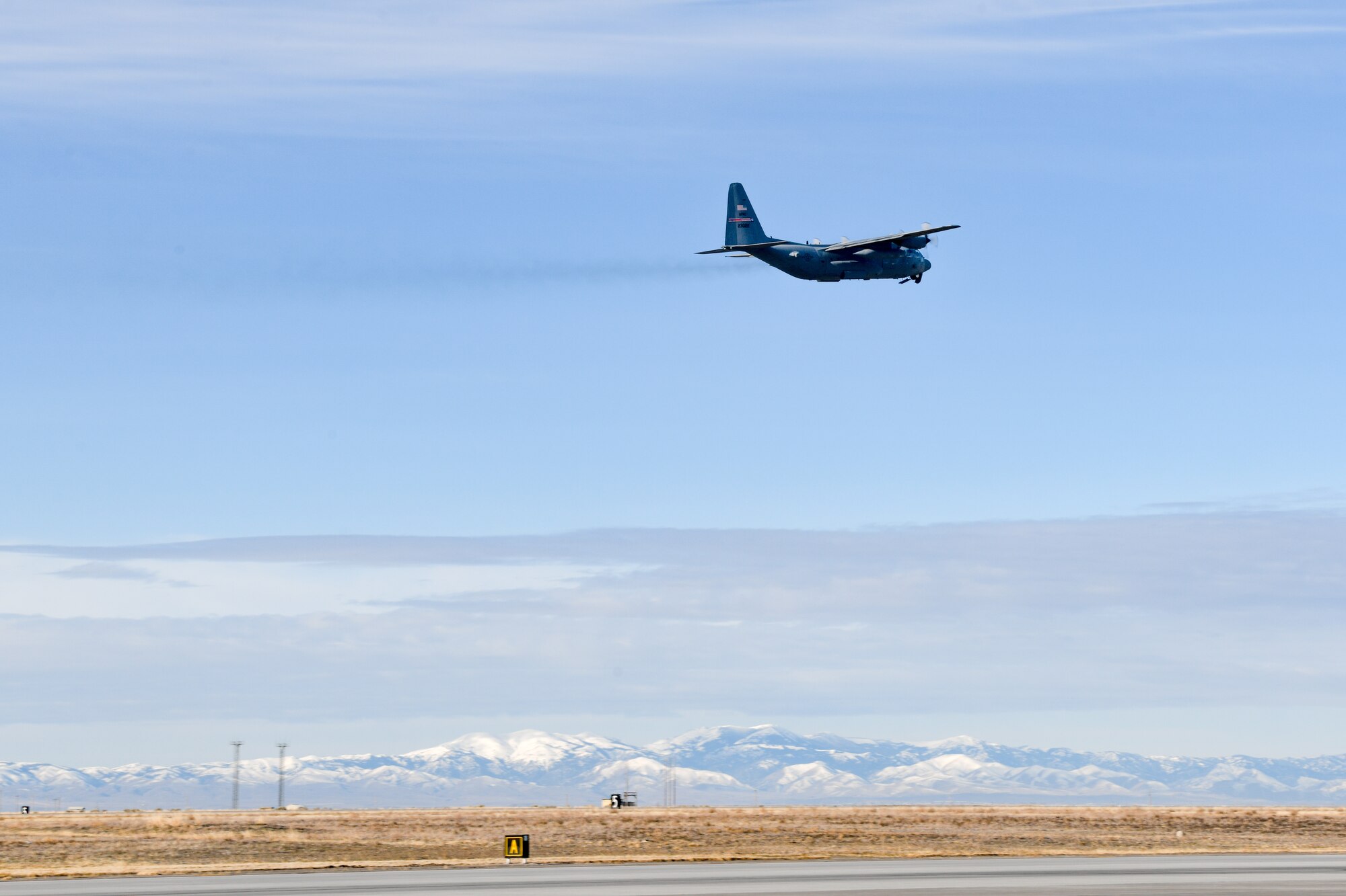 A 910th Airlift Wing C-130H Hercules aircraft takes off from Mountain Home Air Force Base, Idaho, on Jan. 18, 2023.