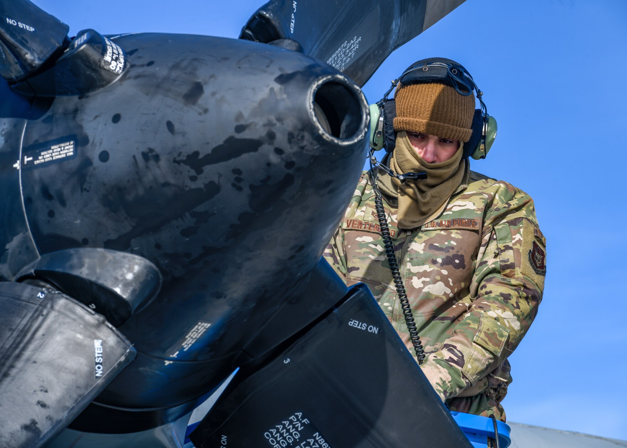 Staff Sgt. Anthony Verterano, an aerospace propulsion technician assigned to the 910th Aircraft Maintenance Squadron, confirms a propeller lock position on a 910th Airlift Wing C-130H Hercules aircraft, Jan. 17, 2023, at Mountain Home Air Force Base, Idaho.