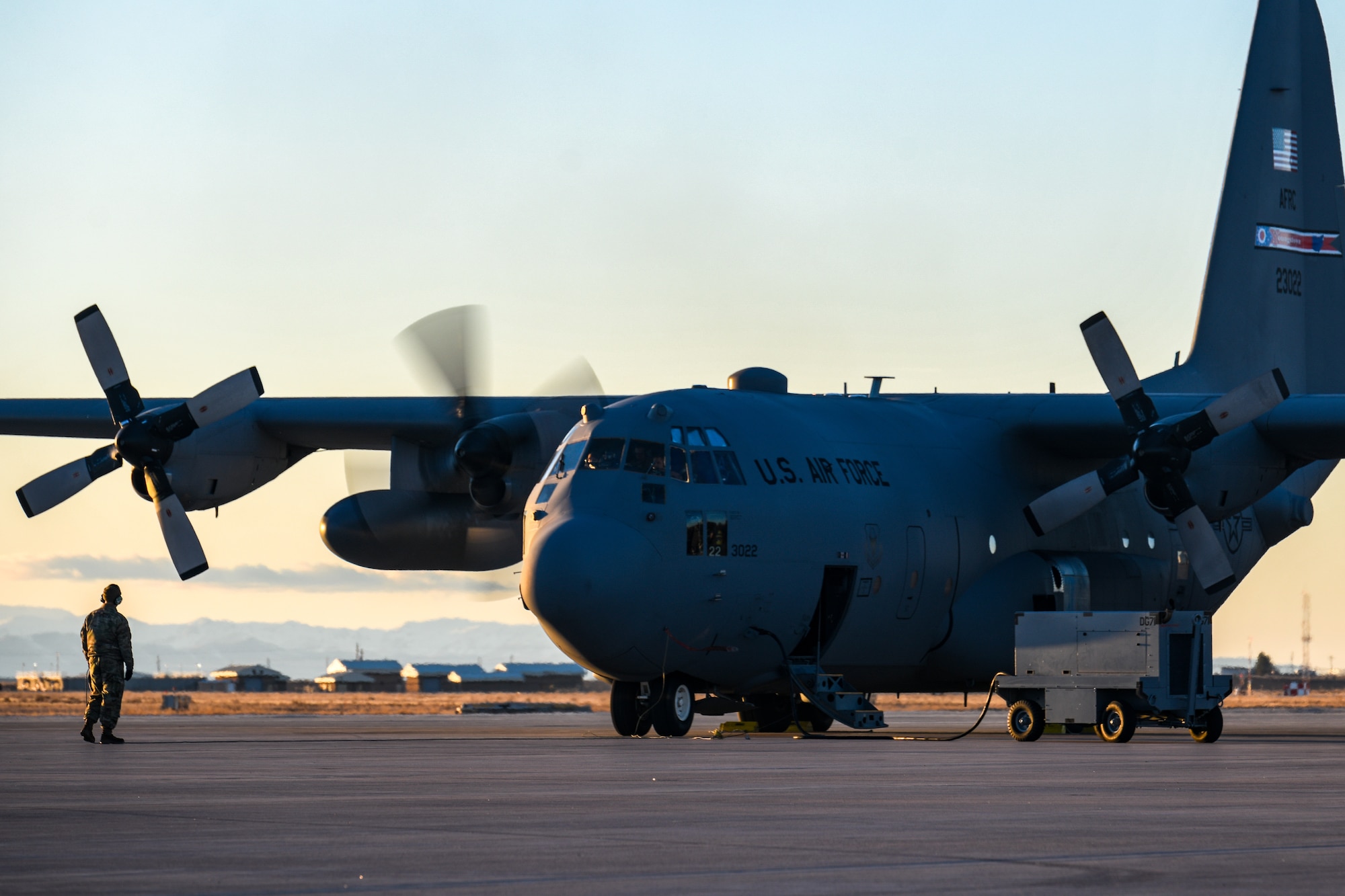 Aerospace propulsion technicians assigned to the 910th Aircraft Maintenance Squadron run an engine test on a 910th Airlift Wing C-130H Hercules aircraft, Jan. 17, 2023, at Mountain Home Air Force Base, Idaho.