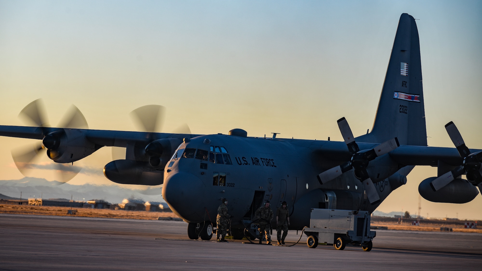 Aerospace propulsion technicians assigned to the 910th Aircraft Maintenance Squadron run an engine test on a 910th Airlift Wing C-130H Hercules aircraft, Jan. 17, 2023, at Mountain Home Air Force Base, Idaho.