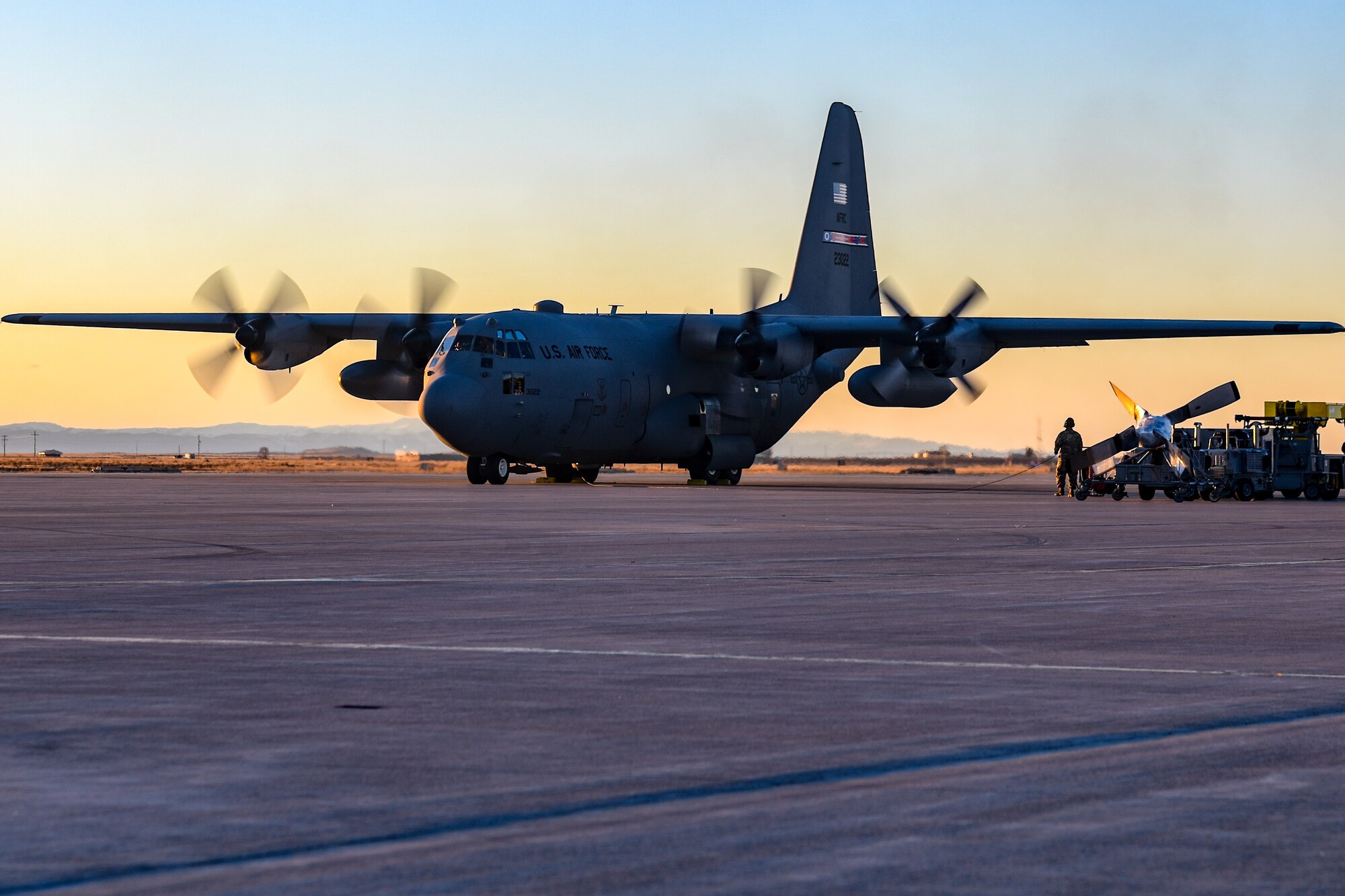 Aerospace propulsion technicians assigned to the 910th Aircraft Maintenance Squadron run an engine test on a 910th Airlift Wing C-130H Hercules aircraft, Jan. 17, 2023, at Mountain Home Air Force Base, Idaho.