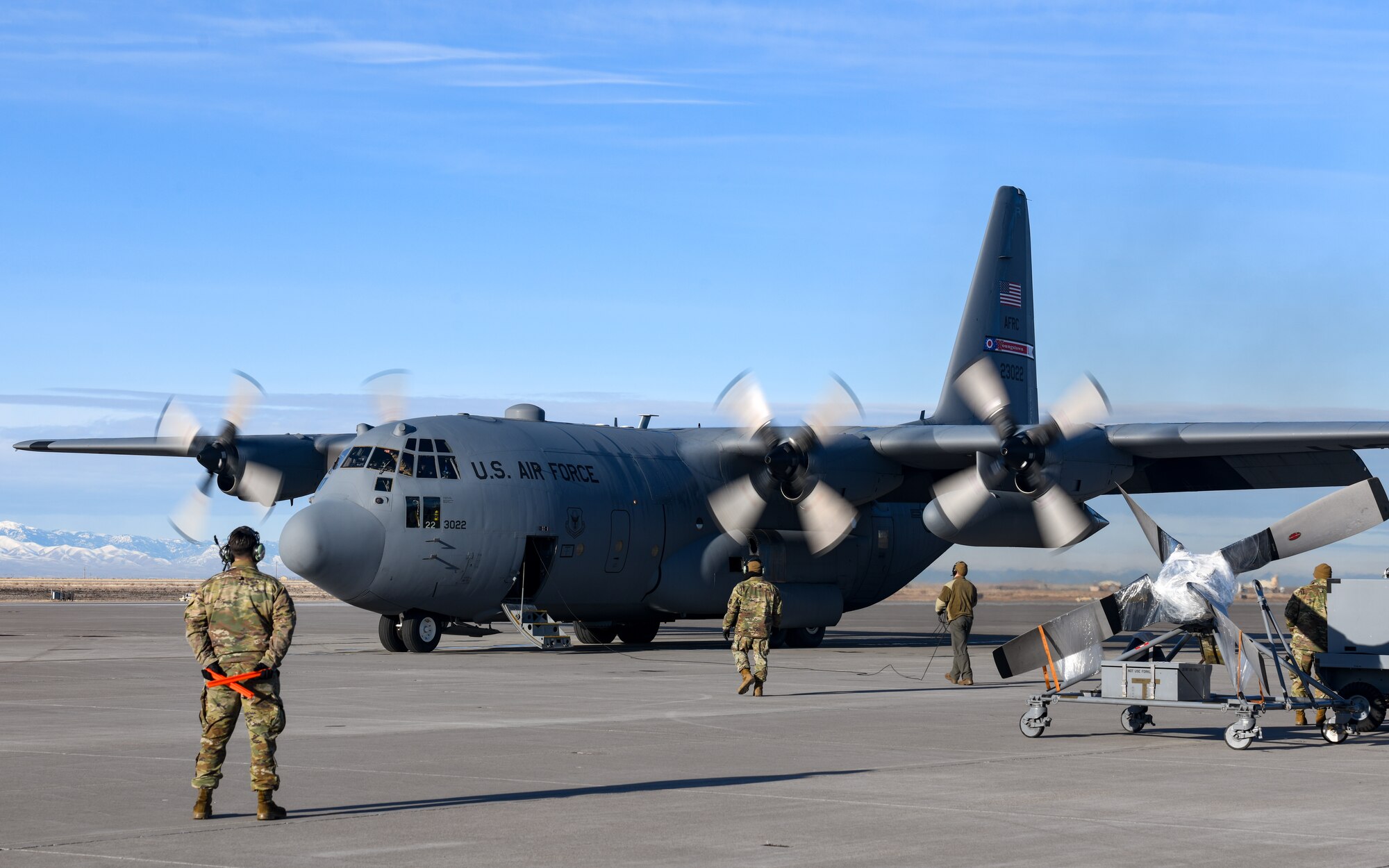 A 910th Airlift Wing C-130H Hercules aircraft prepares for takeoff, Jan. 18, 2023, at Mountain Home Air Force Base, Idaho.