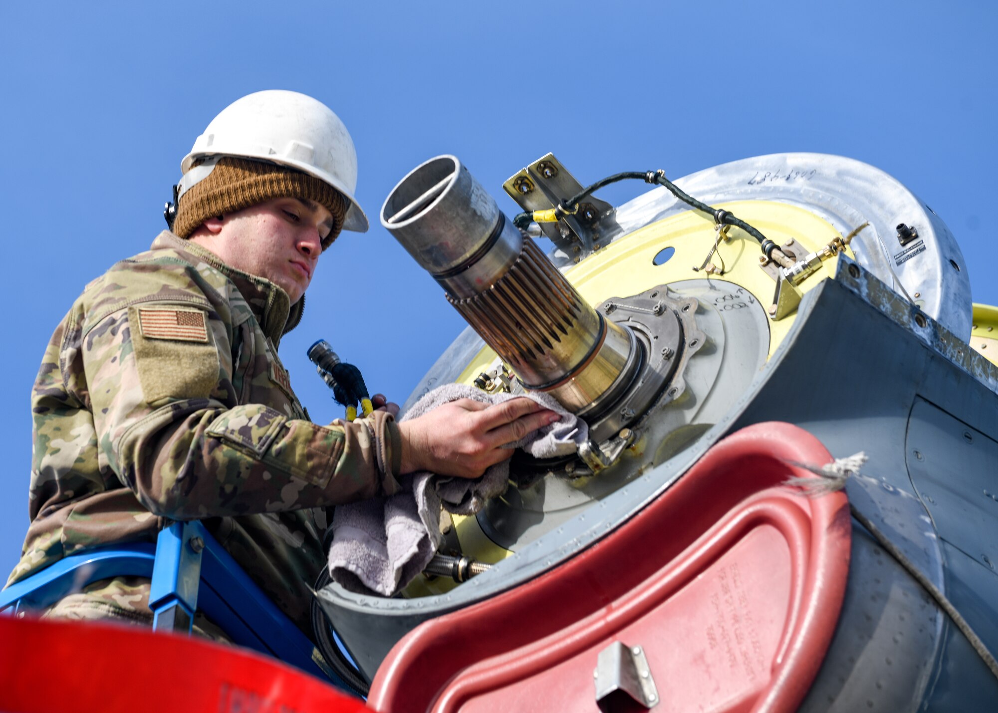 Staff Sgt. Anthony Verterano, an aerospace propulsion technician with the 910th Aircraft Maintenance Squadron, prepares a 910th Airlift Wing C-130H Hercules aircraft for a propeller installation, Jan. 17, 2023, at Mountain Home Air Force Base, Idaho.