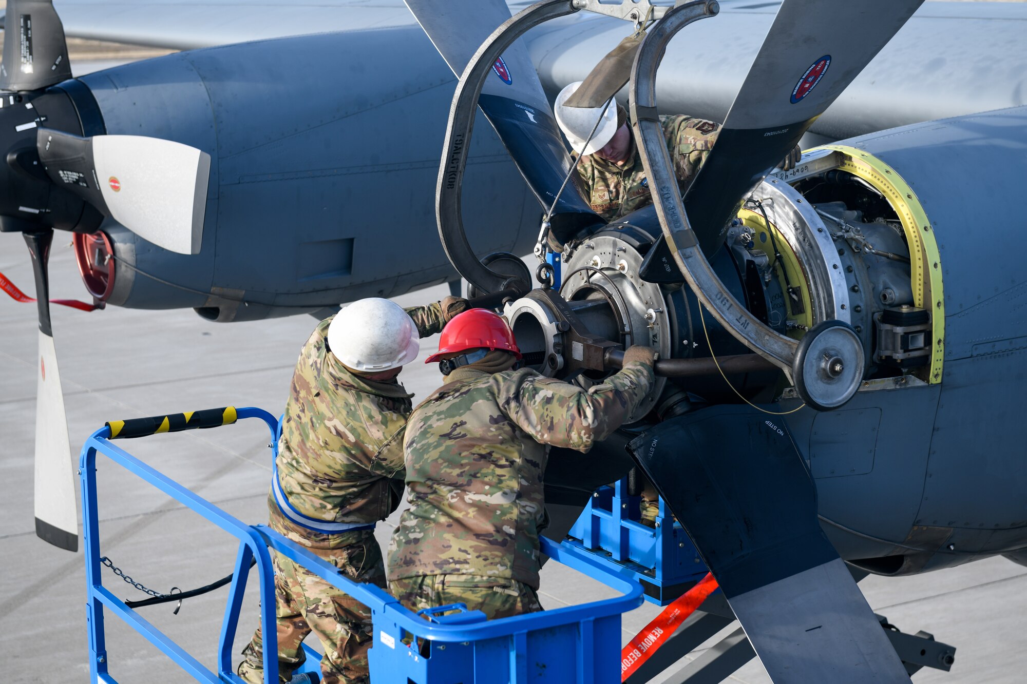 Aerospace propulsion technicians assigned to the 910th Aircraft Maintenance Squadron install a propeller onto a 910th Airlift Wing C-130H Hercules aircraft, Jan. 17, 2023, at Mountain Home Air Force Base, Idaho.