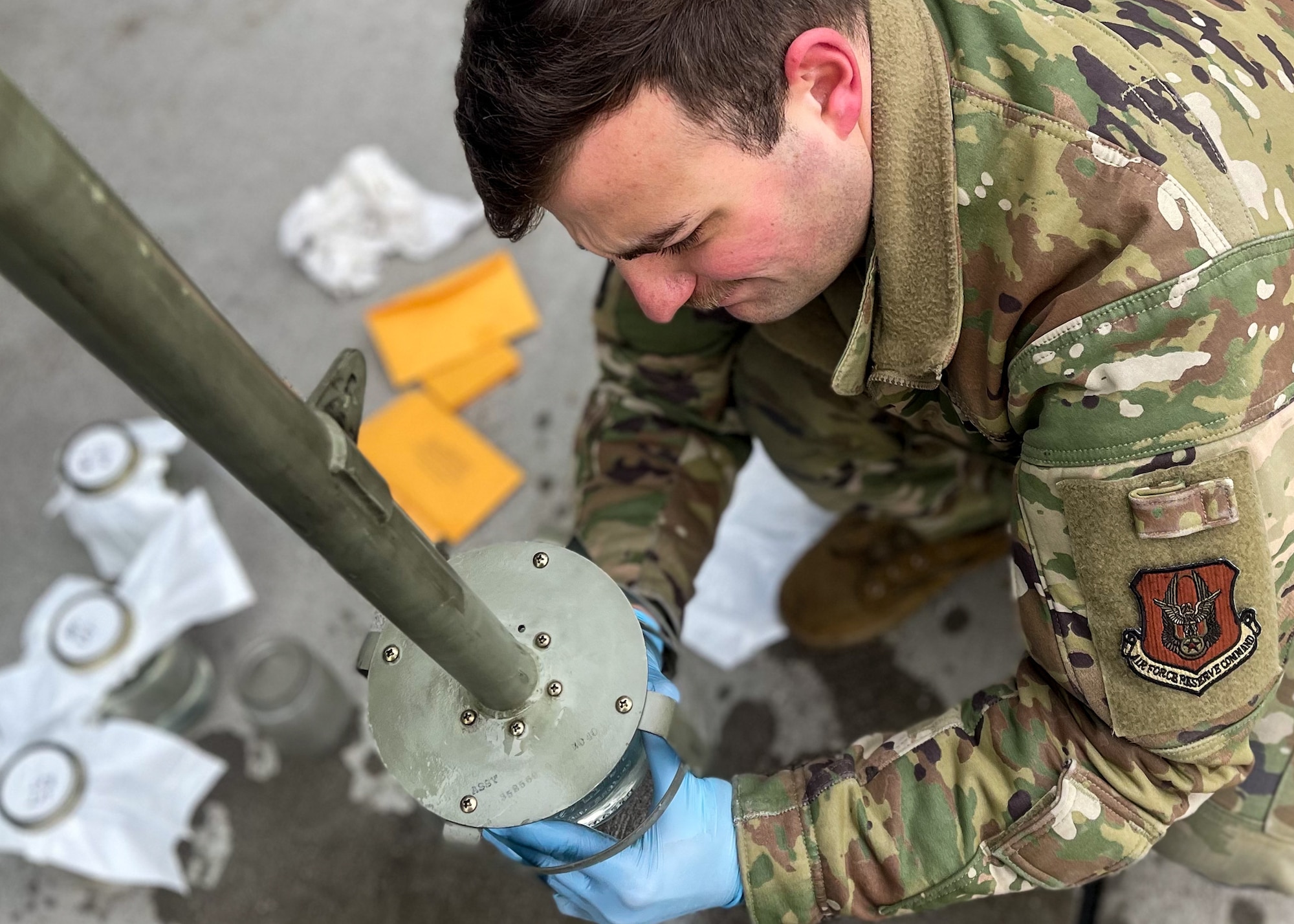 Staff Sgt. Kyle Frejofsky, an aircraft fuel system specialist assigned to the 910th Maintenance Squadron, tests the fuel in a C-130H Hercules aircraft assigned to the 910th Airlift Wing on Jan. 10, 2023, at Mountain Home Air Force Base, Idaho.