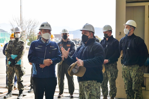 CHINHAE, Republic of Korea (Jan. 26, 2023) Rear Adm. Rick Seif, commander, Submarine Group 7, tours the Republic of Korea Navy Submarine Force Command shipyard in Chinhae, Republic of Korea, Jan. 26. CSG 7 directs forward-deployed combat-capable forces across the full spectrum of undersea warfare throughout the Western Pacific, Indian Ocean and Arabian Sea. (Photo courtesy of ROK Navy Public Affairs)