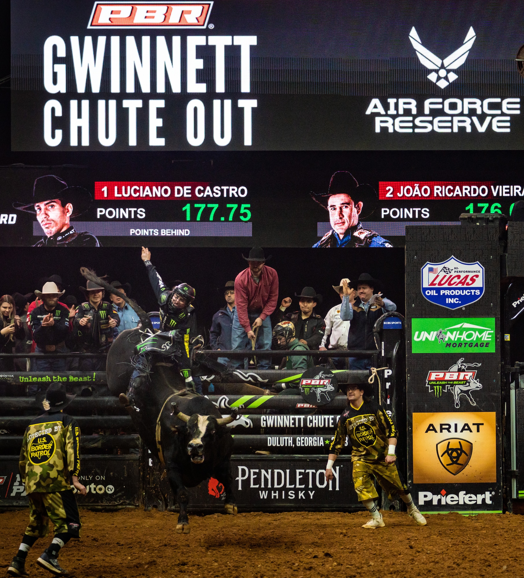 A professional bull rider competes at the PBR event “Unleash The Beast’s Gwinnett Chute Out” in Duluth, Ga., Jan. 22, 2023.