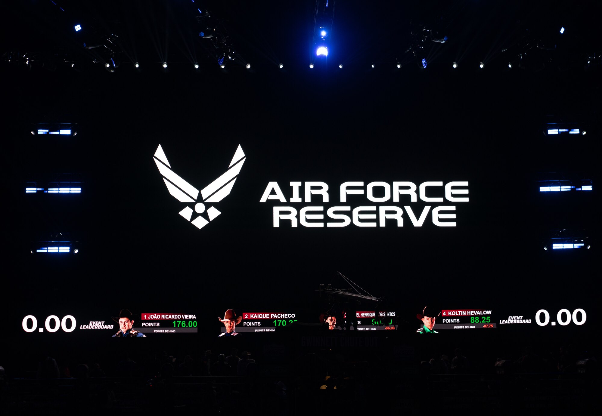 The U.S Air Force Reserve official logo is broadcast onto the jumbotron at the PBR event “Unleash The Beast’s Gwinnett Chute Out” in Duluth, Ga., Jan. 22, 2023.