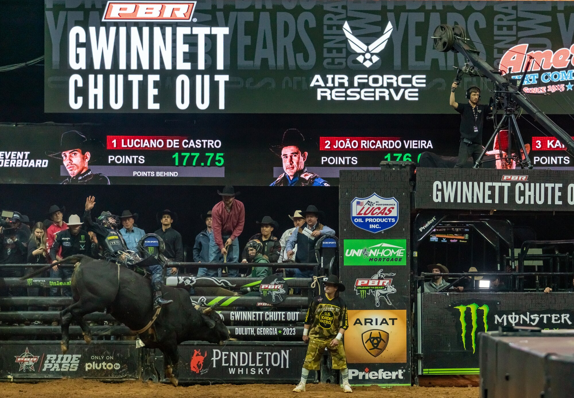 A professional bull rider competes at the PBR event “Unleash The Beast’s Gwinnett Chute Out” in Duluth, Ga., Jan. 22, 2023.