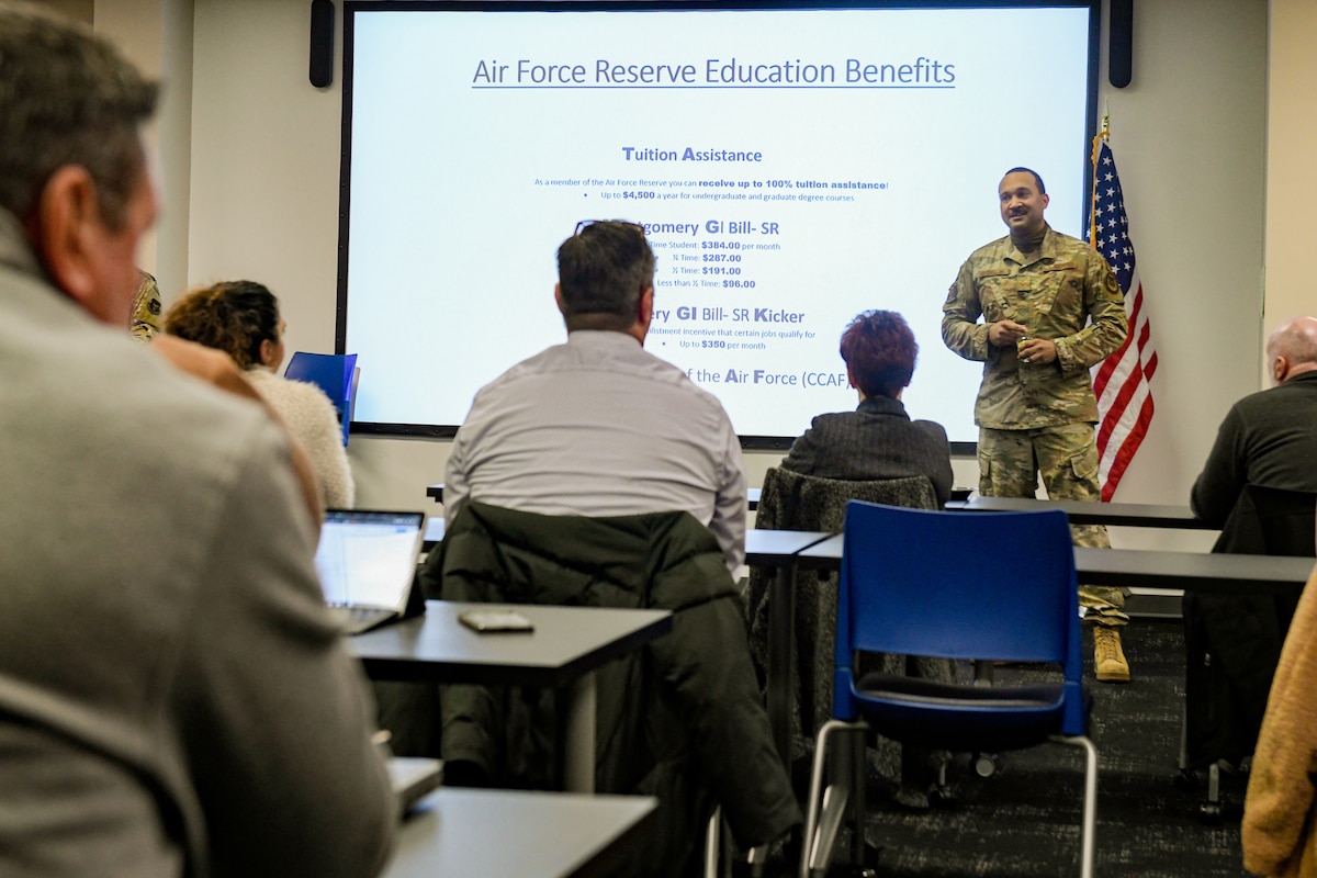 Tech. Sgt. Eric Jackson, an Air Force Reserve Command recruiter, briefs Trumbull County educators on enlistment benefits available to their students, Jan. 24, 2023, in Niles, Ohio.