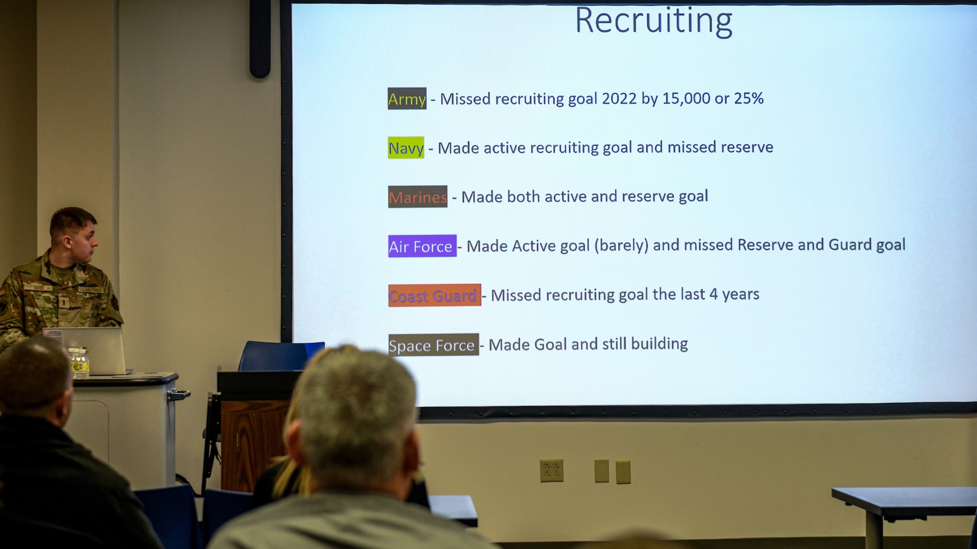 2nd Lt. Dean Lutz, an intelligence officer assigned to the 910th Operations Support Squadron, shows Trumbull County educators current recruitment metrics, Jan. 24, 2023, in Niles, Ohio.