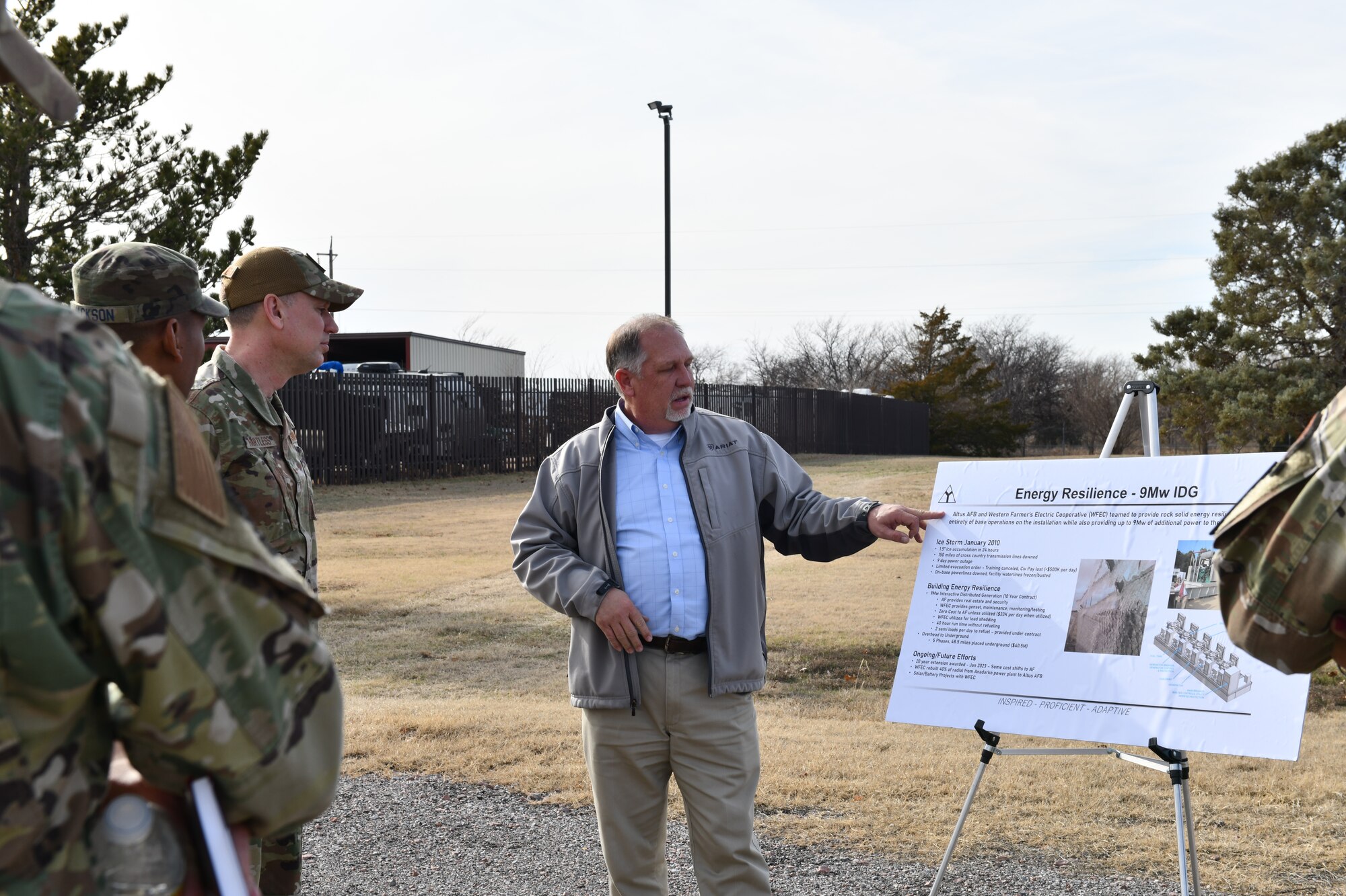 Heath Sirmon, 97th Civil Engineer Squadron installation housing manager, presents a storyboard of a generator at Altus Air Force Base (AFB), Oklahoma, Jan. 19, 2022. The generator provides electrical power for every industrial part of Altus AFB. (U.S. Air Force photo by Airman 1st Class Miyah Gray)