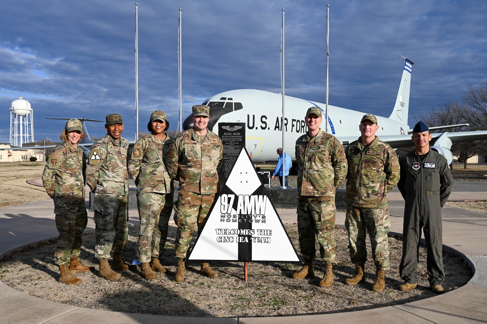 The Commander in Chief Installation Excellence Award evaluation team and 97th Air Mobility Wing command team pose for a photo at Altus Air Force Base (AFB), Oklahoma, Jan. 20, 2023. U.S Air Force Brig. Gen. Brian Hartless, Air Force director of engineers, and his team of evaluators toured different agencies across Altus AFB, while Airmen and community leaders had the opportunity to share what makes Altus unique. (U.S. Air Force photo by Senior Airman Trenton Jancze)