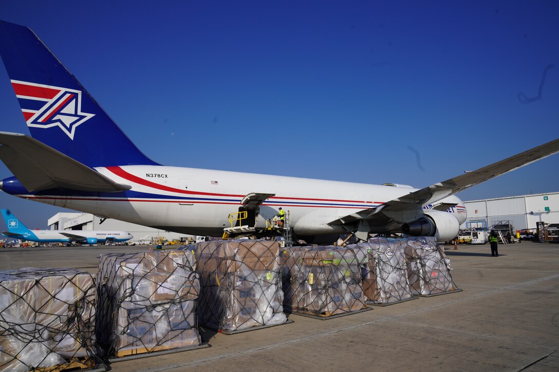 MIAMI (Dec. 12, 2022) -- A shipment of 300,000 packets of Oral Rehydration Salts, donated by U.S. Southern Command, is loaded onto an Amerijet cargo plane for transit to Haiti. DLA Troop Support Medical supply chain procured the ORS packets for SOUTHCOM who, through their Humanitarian Assistance Program, donated them to the Haitian and Pan American Health Organization. The packets are being distributed in support of the international response to the Cholera outbreak in Haiti. (Photo by Steven McLoud, U.S. Southern Command Public Affairs)