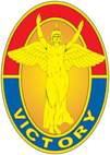 Oval Lady Victory logo - red, yellow, and blue with lady with wings in the center