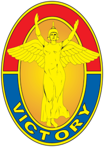 Oval Lady Victory logo - red, yellow, and blue with lady with wings in the center