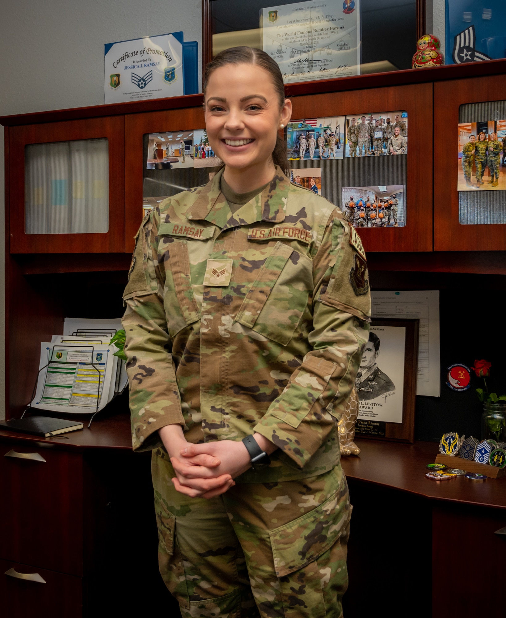 U.S. Air Force Senior Airman Jessica Ramsay, 5th Bomb Wing Legal Office civil law paralegal, poses for a portrait at Minot Air Force Base, North Dakota, Jan. 24, 2023. She was one of two Airmen selected by Gen. Anthony J. Cotton, the previous commander of Air Force Global Strike Command, for a spot in the Senior Leader Enlisted Commissioning Program.(U.S. Air Force photo by Airman 1st Class Alexander Nottingham)