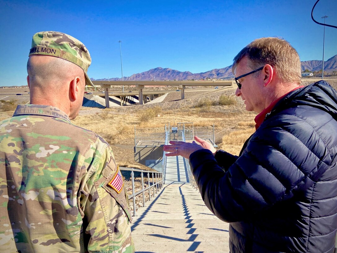 Lt. Gen. Scott Spellmon (left), commanding general, U.S. Army Corps of Engineers, talks with Bruce Jordan, engineering and construction deputy chief, USACE-Albuquerque District, at the Keystone Dam in El Paso, Texas, Jan. 25, 2023.