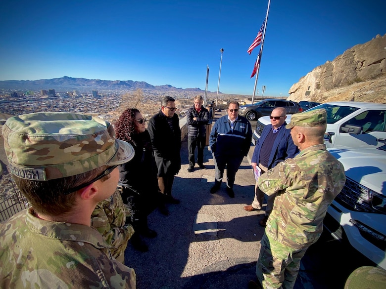 Lt. Gen. Scott Spellmon, commanding general, U.S. Army Corps of Engineers, talks with El Paso Water representatives about the El Paso Flood Risk Management (Central Cebada) Project from a scenic overlook in El Paso, Texas, Jan. 25, 2023.