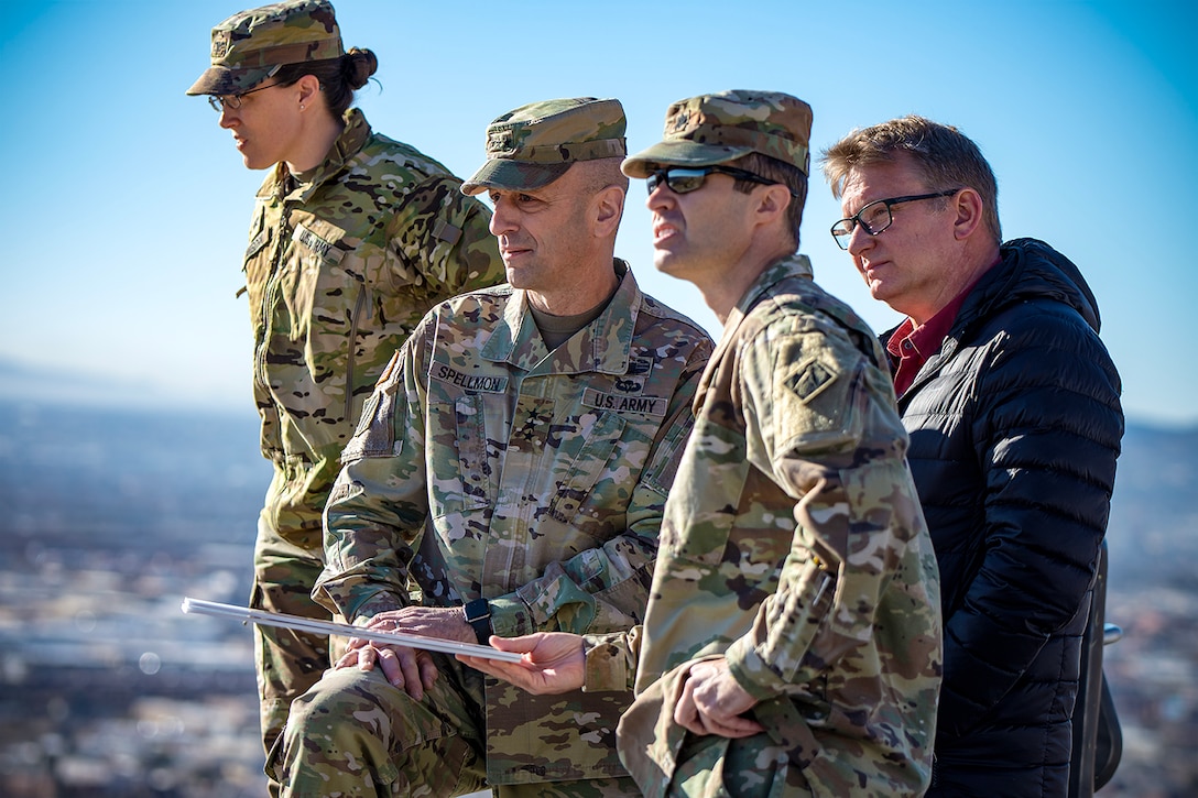 Lt. Gen. Scott Spellmon, commanding general, U.S. Army Corps of Engineers, views the El Paso Flood Risk Management (Central Cebada) Project from a scenic overlook with USACE-South Pacific Division and Albuquerque District leadership in El Paso, Texas, Jan. 25, 2023.