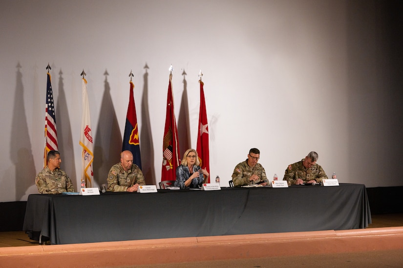 The Honorable Christine E. Wormuth, 25th Secretary of the Army, and senior leaders from across U.S. Army Garrison Hawaii, host a town hall during her visit to Schofield Barracks, Hawaii, Jan. 24, 2023. During the town hall, Wormuth addressed questions and concerns from Soldiers, family members and Department of the Army civilians from across the island. (U.S. Army photo by Sgt. Rachel Christensen/28th Public Affairs Detachment)