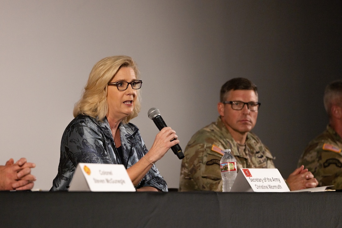 The Honorable Christine E. Wormuth, 25th Secretary of the Army, and senior leaders from across U.S. Army Garrison Hawaii, host a town hall during her visit to Schofield Barracks, Hawaii, Jan. 24, 2023. During the town hall, Wormuth addressed questions and concerns from Soldiers, family members and Department of the Army civilians from across the island. (U.S. Army photo by Sgt. Rachel Christensen/28th Public Affairs Detachment)