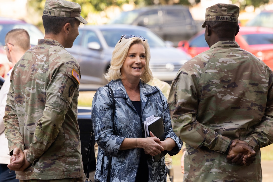 The Honorable Christine E. Wormuth, 25th Secretary of the Army, speaks with Soldiers from the 25th Infantry Division, before having lunch with them and other Soldiers at the Sustainment Bistro on Schofield Barracks, Hawaii, Jan. 24, 2023. During the visit, she hosted a public town hall, toured barracks rooms on the installation and sat down with Soldiers to get insight into life serving in Hawaii. (U.S. Army photo by Sgt. Rachel Christensen/28th Public Affairs Detachment)