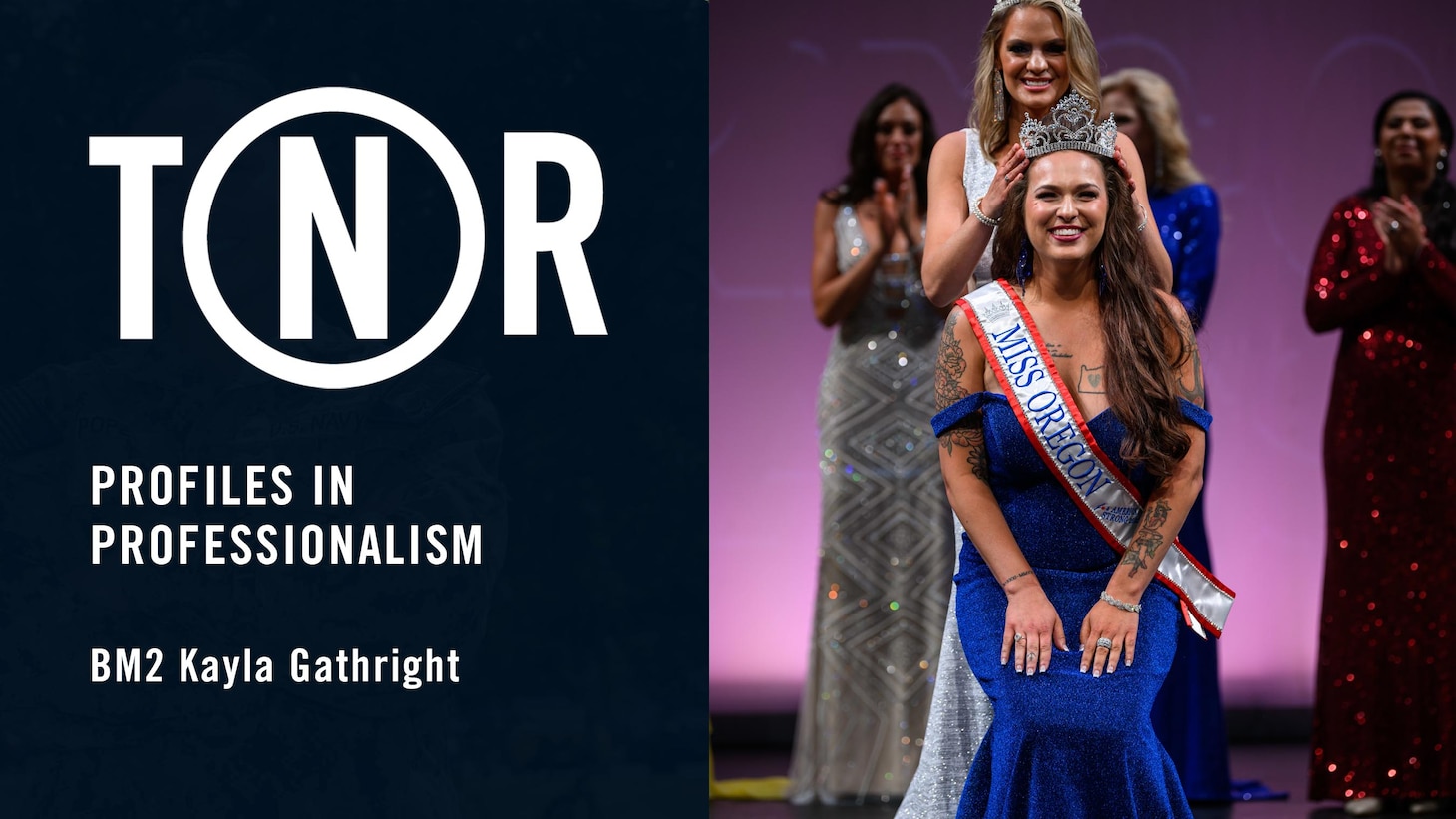 Boatswain's Mate 2nd Class Kayla Gathright, a U.S. Navy Reserve Sailor assigned to MSRON 1 (Maritime Expeditionary Security Squadron) is crowned Miss Oregon for America Strong 2022, during the state pageant in Salem, Oregon on July 15-16. (Courtesy photo Mathieu Lewis Rolland Photography).