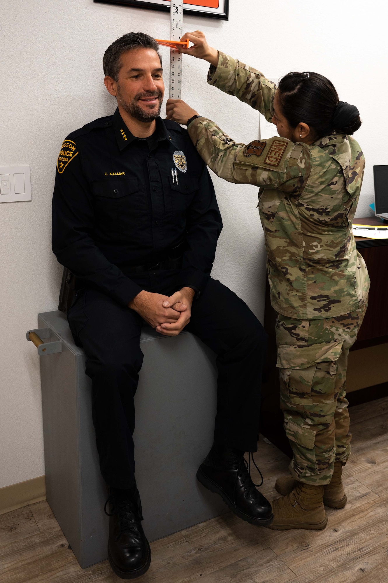 Chad Kasmar, Tucson Police Department Chief of Police, undergoes a medical clearance with 162nd Wing Medical Group personnel before taking flight in an F-16 with Col. Brant Putnam, the 162nd Wing Vice Commander, as his pilot. (U.S. Air Force photo by Maj. Angela Walz)